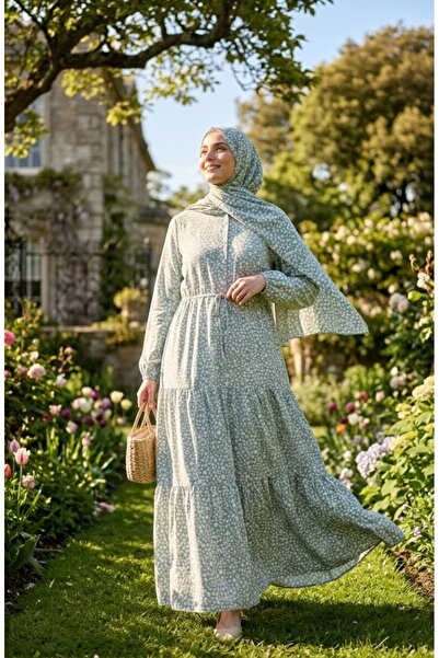 sefamerve Floral Patterned Belted Hijab Dress 0289-02 Khaki