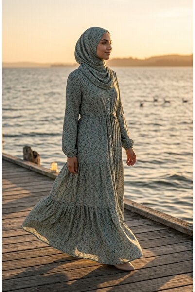 sefamerve Rochie Hijab cu imprimeu floral și cordon în talie 0294-03 Verde Cagla