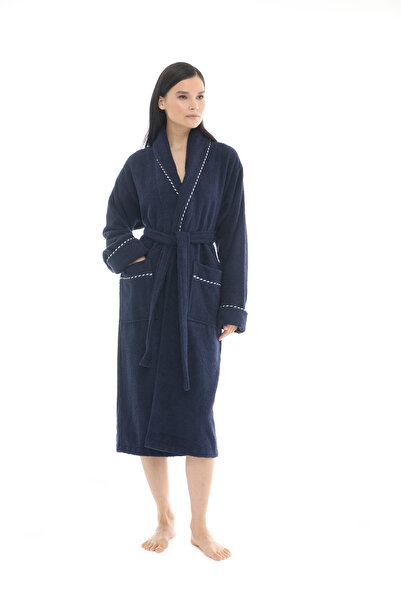 Seritaine Gaia Şalyaka Women's Bathrobe - Navy Blue 100% Cotton