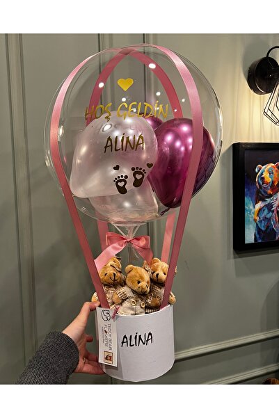 u&b teddy bear flowers Pembe Elbiseli Sevimli Kız Bebek Balon Kutusu, Doğum H...