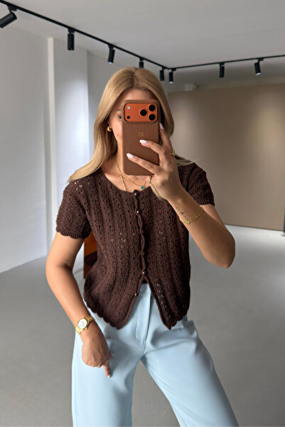 Sezgi Tekin Short Sleeve Openwork Knitted Coffee Cardigan