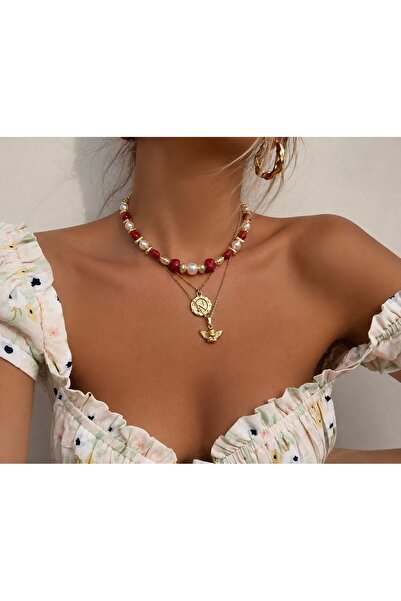 FloresDeCarnaval Maré Rouge Pearl & Coral Bead Necklace – Vintage Summer Neck...