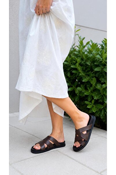 ESSO LA MİA Ayli̇n Women's Slippers Daily Genuine Dark Brown Leather