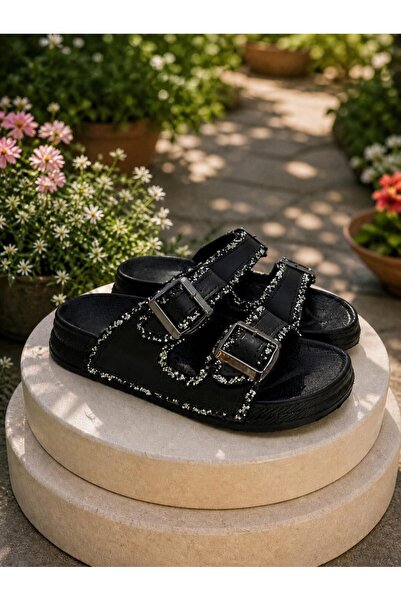 Godystep Glam Black Silver Stone Embroidered Double Buckle Comfort Sole Women...