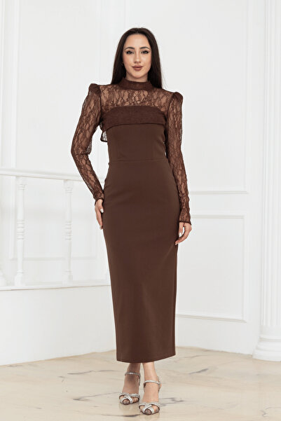 BEYBOS Strapless Dress with Lace Bolero Detail - Brown
