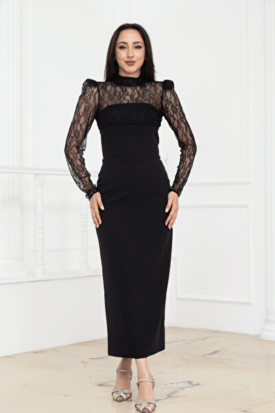 BEYBOS Strapless Dress with Lace Bolero Detail - Black