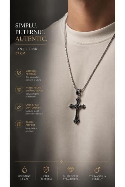 OEM Men's Necklace with Black Cross and Silver Chain 67 CM, Elegant Premium P...
