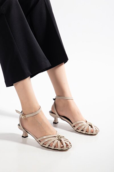 serkanseyyid K-255 Beige Leather Ankle Strap Women's Sandals with Spiral Buckle