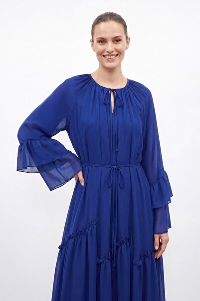 Puane Women's Lace Detailed Flounce Sleeve Long Dress 12694
