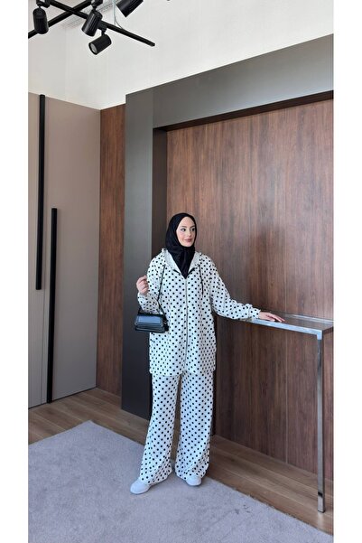 nurvina modest wear Loose Fit Hooded Polka Dot Printed Modal Two-Piece Set Ecru