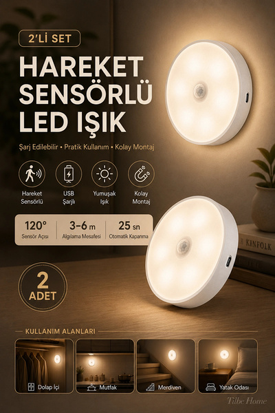 Tilbe Home 2li Hareket Sensörlü USB Şarjlı LED Lamba Dolap Mutfak Merdiven Ko...