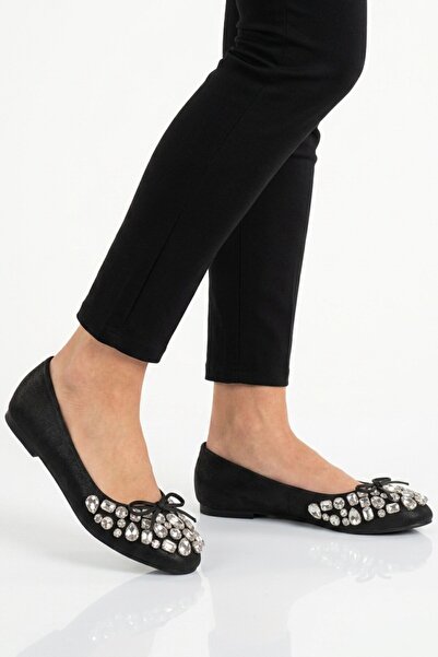 Aspor Black Stone Embroidered Women's Ballerinas