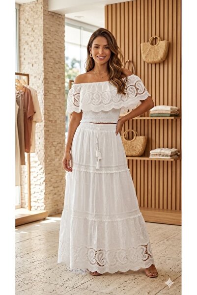 Marka Giyim White lace embroidered blouse and skirt set