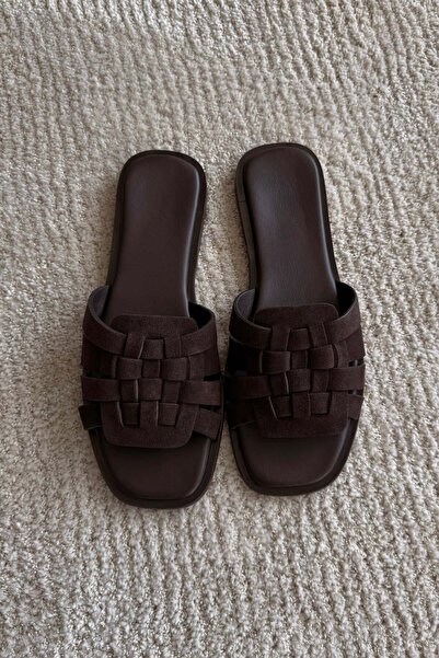 nope21shoess Palma Kahverengi Hakiki Deri Terlik