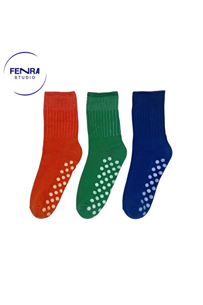FENRA STUDIO 3-Piece Women's Non-Slip Sole Home Socks Yoga Pilates Orange Gre...