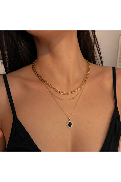 OEM Colier Layered Gold 3-în-1 cu Pandantiv Clover Negru – Oțel Inoxidabil Wa...