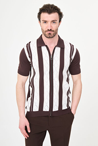 Mcr Patterned Slim Fit Polo Collar Zippered Short Sleeve Men's Knitwear T-Shi...