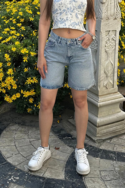 BİKELİFE Kadın Vintage Efektli Yüksek Bel 5 Cepli Straight Fit Şort Jeans