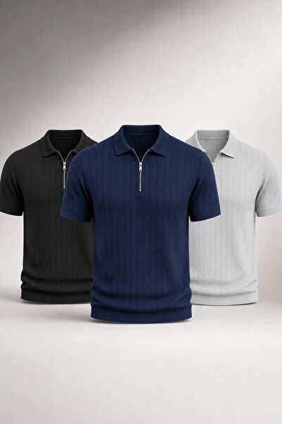 ZMODA SOFT Erkek 3’lü Polo Yaka Triko Dokulu Yarım Fermuarlı Tshirt Regular Y...