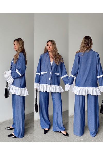 PELTEX Ruffle Detailed Shirt Jacket Elastic Waist Pants Two-Piece Set