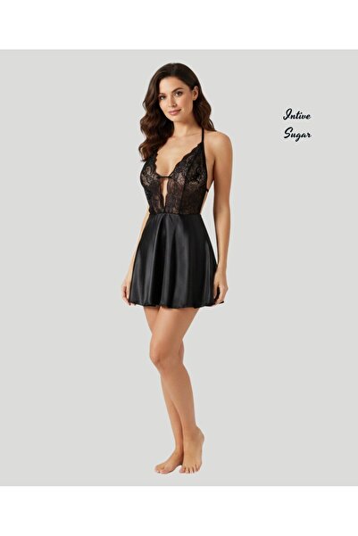 İntive Lingerie Μίνι νυχτικό Intive Sugar σε μαύρο σατέν, με δαντέλα μπροστά ...