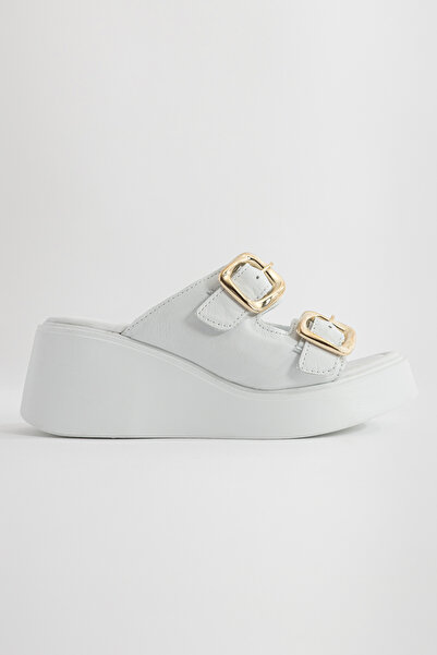 LEVONYA Rana Women's White Genuine Leather Buckle Slippers