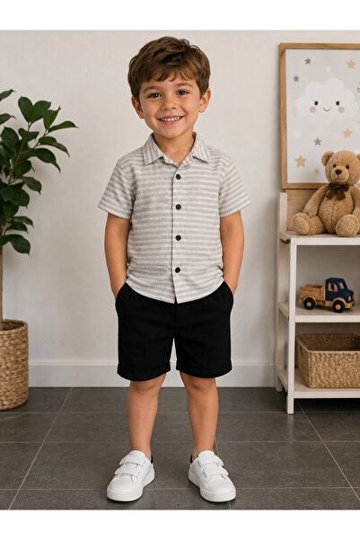 RÜYA KİDS Boy's Holiday Striped Shirt-Shorts 2-Piece Summer Set