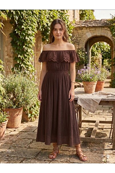 AYASOFYA OTANTIK Women's Italian Brown Lace Detailed Madonna Collar Lined Lon...