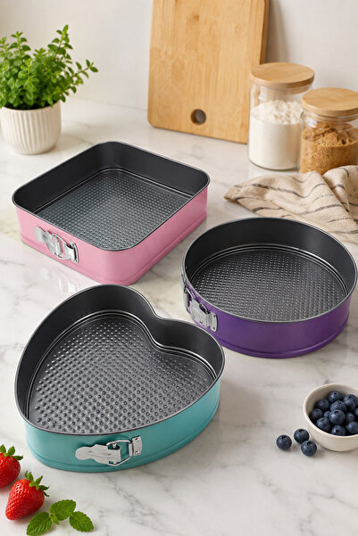 Karçiçeği Home 3-Piece Springform Cake Mold Set – Heart, Round, and Square Ca...