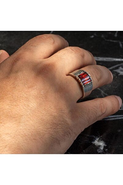 Mercan Silver 925 Ayar Gümüş Kırmızı Garnet Taşlı Erkek Yüzük