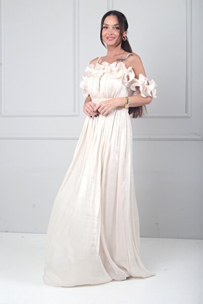 By Saygı Women's Chiffon Fabric Flounce Detailed Lined Long Dress