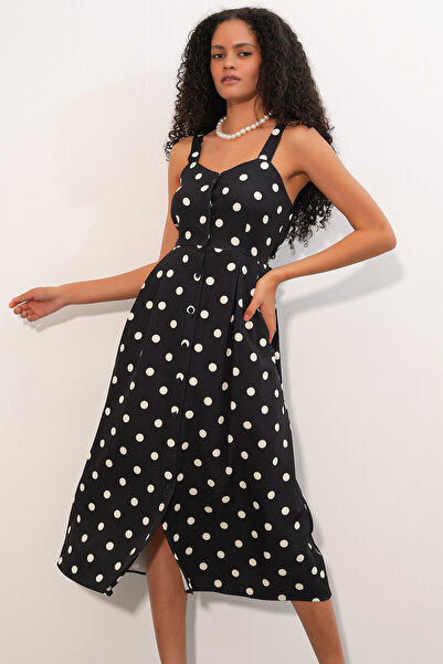 Bigdart Women's Polka Dot Front Buttoned Strap Midi Dress 2603 - Black