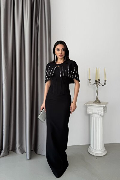 Serica Moda Siyah Bolerolu Taş İşlemeli Balenli Uzun Abiye Elbise