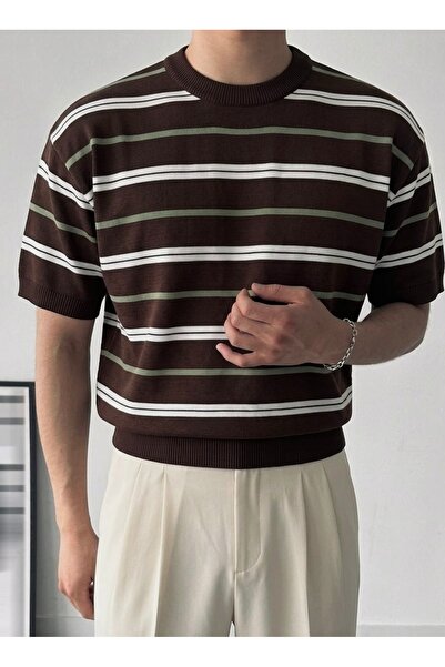 ModaYaren Unisex Striped Crew Neck Oversize Brown T-Shirt