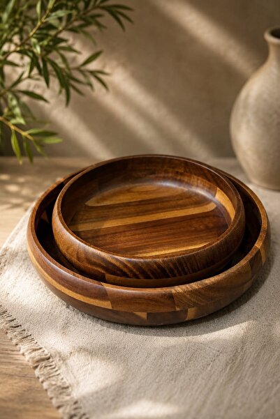 morponi Set of 2 Natural Acacia Wood Serving Bowls 20 cm - 25 cm