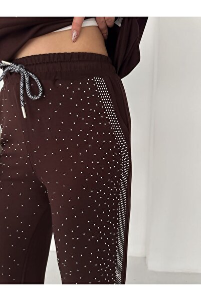 winmoda Kadın Komple Taş Detaylı Fermuarlı Yelek & Bol Paça Pantolon İkili Takım