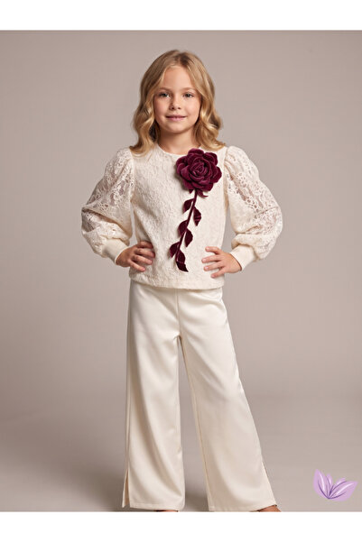 Violetta KIDS Kız Çocuk Takım Gül Aksesuarlı Dantelli Özel Gün İkili Bluz-Pan...