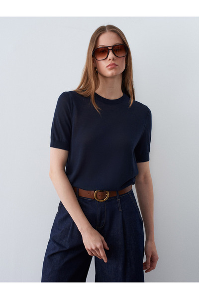Dilvin 10872 Lyocell Blended Minimal Blouse-Navy Blue