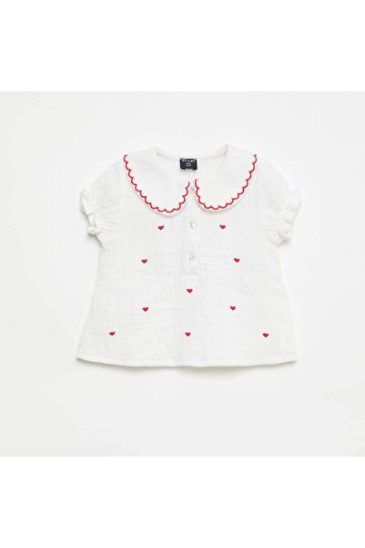 KIABI Peter Pan Collar Blouse with 'Heart' Embroidery WHITE