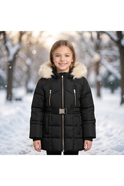 Koton Girl's Long Sleeve Faux Fur Detailed Belted Hooded Coat