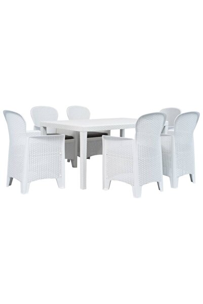 vidaxl Set mobilier de exterior, 7 piese, alb, plastic, aspect ratan