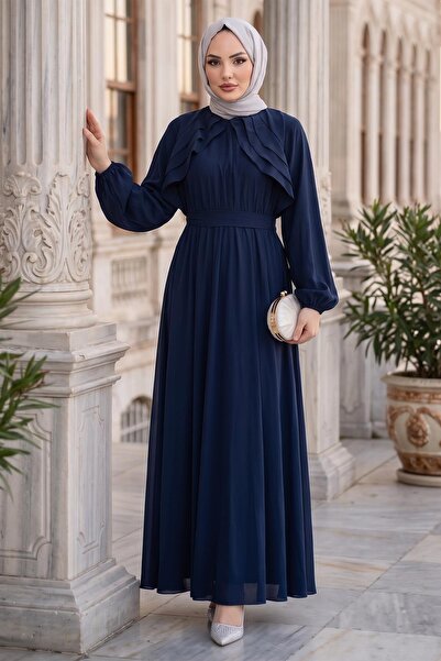 hafsamina Belted Elastic Waist Modal Dress Navy Blue Hm2916