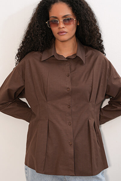 Bigdart Women's Waist-Slit Poplin Shirt 20384 - Brown