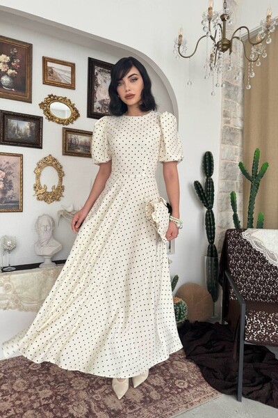 Caddebostan Moda Polka Dot Balloon Sleeve Midi Dress