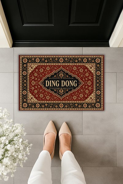 Dormot Home DING DONG Otantik Halı Desenli Kapı Önü Paspası -Dijital Baskılı Paspas 70x45 cm