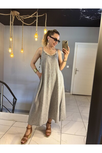 Gözde Tasarım Butik Women's 100% Linen Strap Long Maxi Dress with Musselmold ...