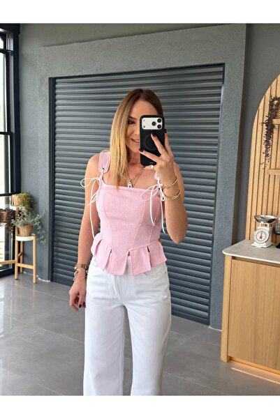xyoung Askılı Korse Tasarım Bluz PEMBE
