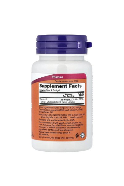 Now Foods Vitamin D-3, High , 5,000 IU, 120 Softgels