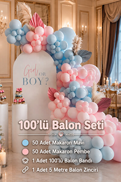 Hey Parti Cinsiyet Partisi 100'lü Balon Seti (100 adet karışık makaron pembe ...