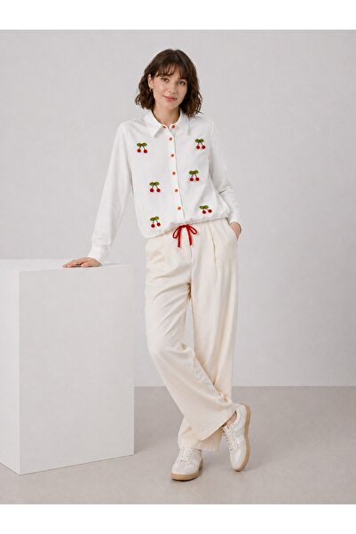 CALEMORE Women's Long Sleeve Cherry Detailed Lace-Up Shirt